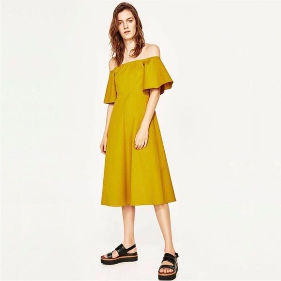 ZARA | Yellow Off the Shoulder Midi Dress Wide Flare Sleeve Women’s Size Large - Picture 1 of 11